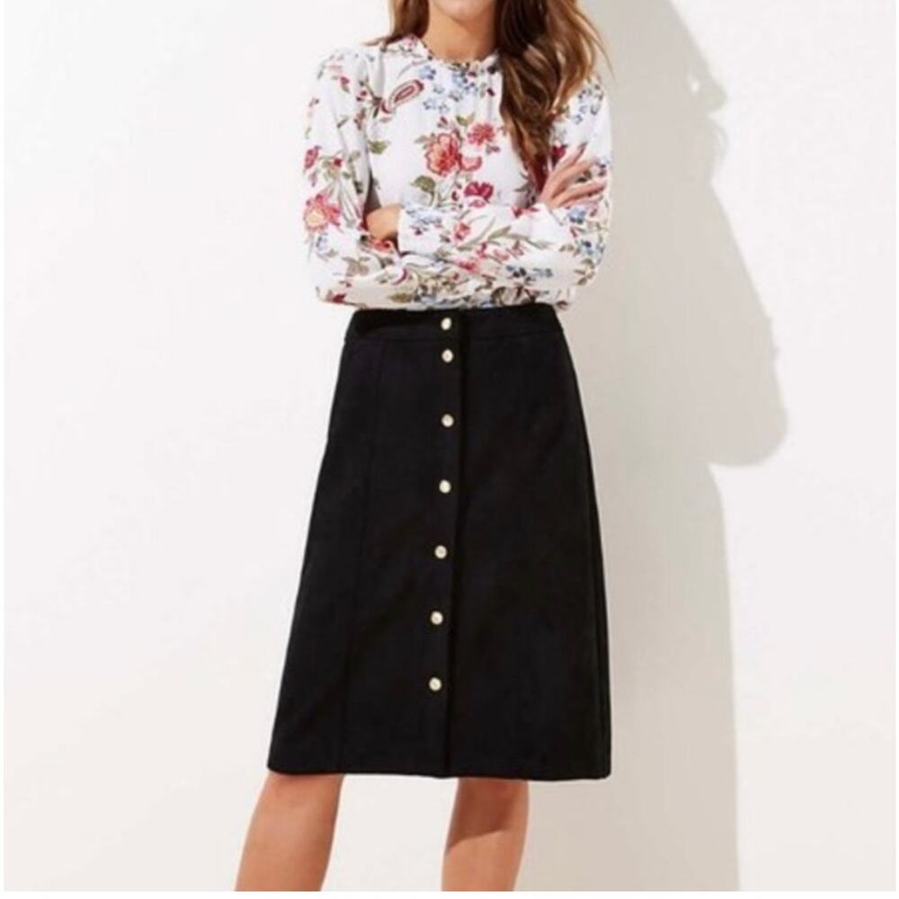LOFT Black Faux Suede Skirt with Gold Buttons Size 12 NEW With Tags A Line